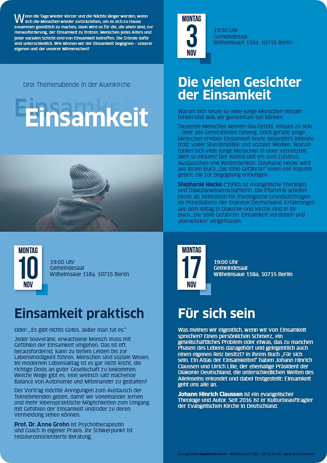 Werbeplakat für die Themenabende zum Thema: Einsamkeit. An folgenden Tagen: 3. / 10. / 17. November jeweils um 19 Uhr