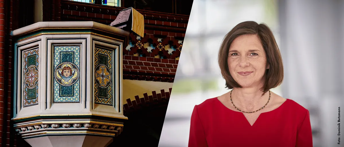 Zusehen ist die Kanzel der Auenkirche und ein Portrait von Katrin Göring-Eckardt