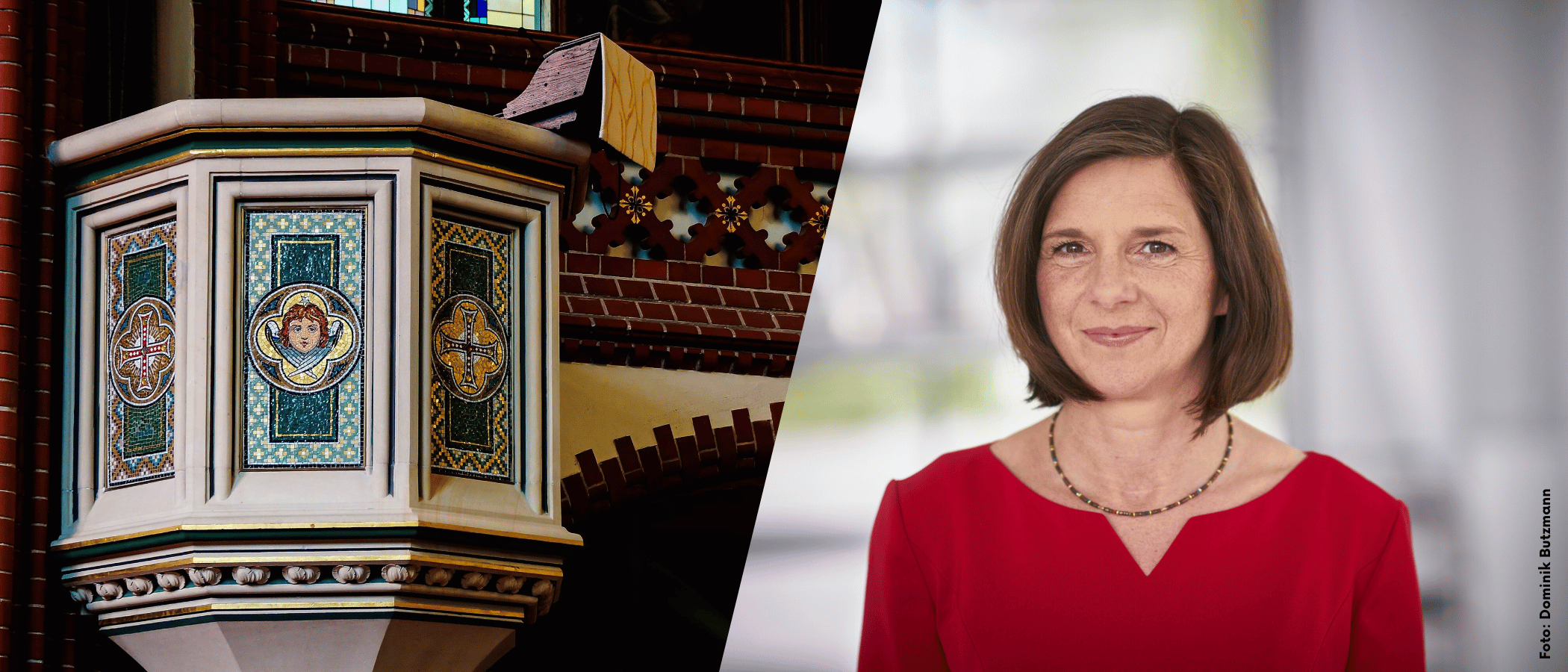 Zusehen ist die Kanzel der Auenkirche und ein Portrait von Katrin Göring-Eckardt